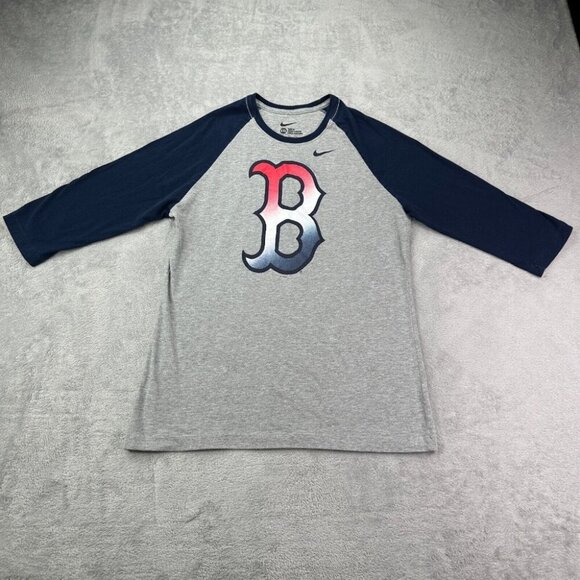 Nike Boston Red Sox Raglan Baseball Shirt Mens XXL Gray Blue Slim Fit MLB - Picture 1 of 11